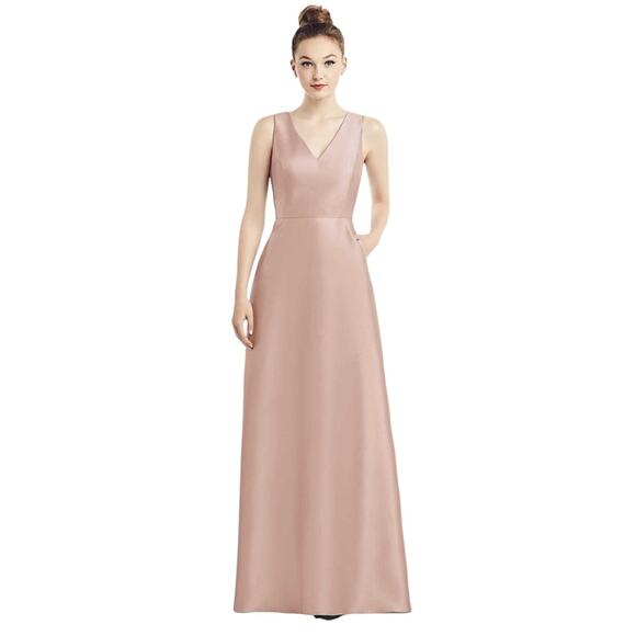 ALFRED SUNG Sateen V-neck A-line Formal Gown with Pockets in Toasted Sugar - Picture 1 of 9